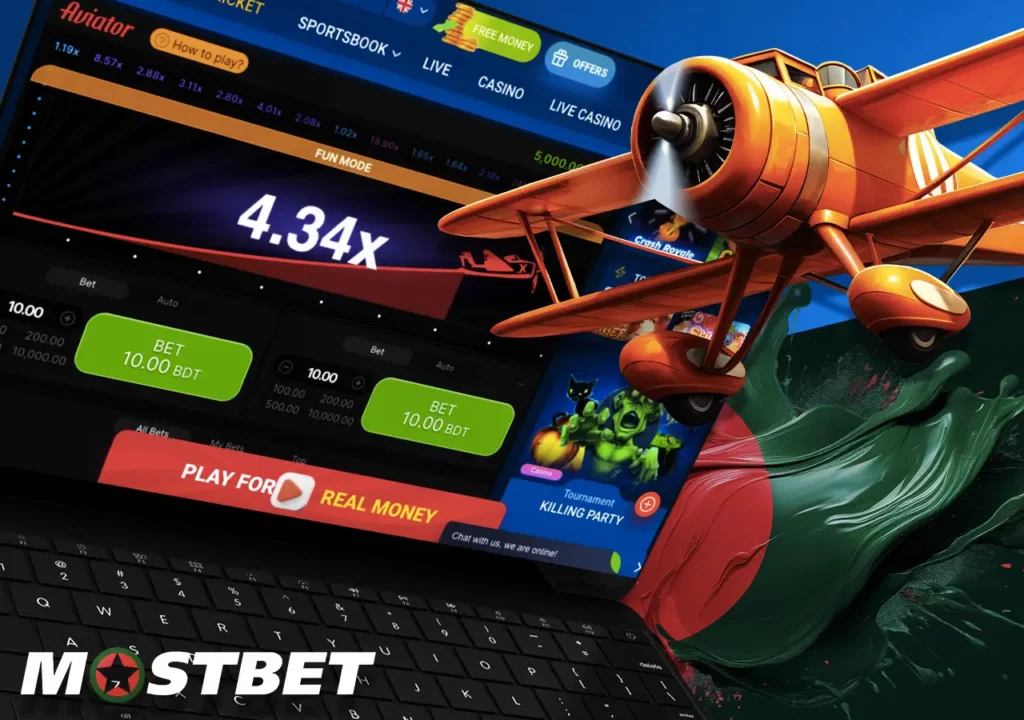 One of the main attractions at Mostbet Bangladesh is the Aviator game from Sprybe with unusual mechanics.